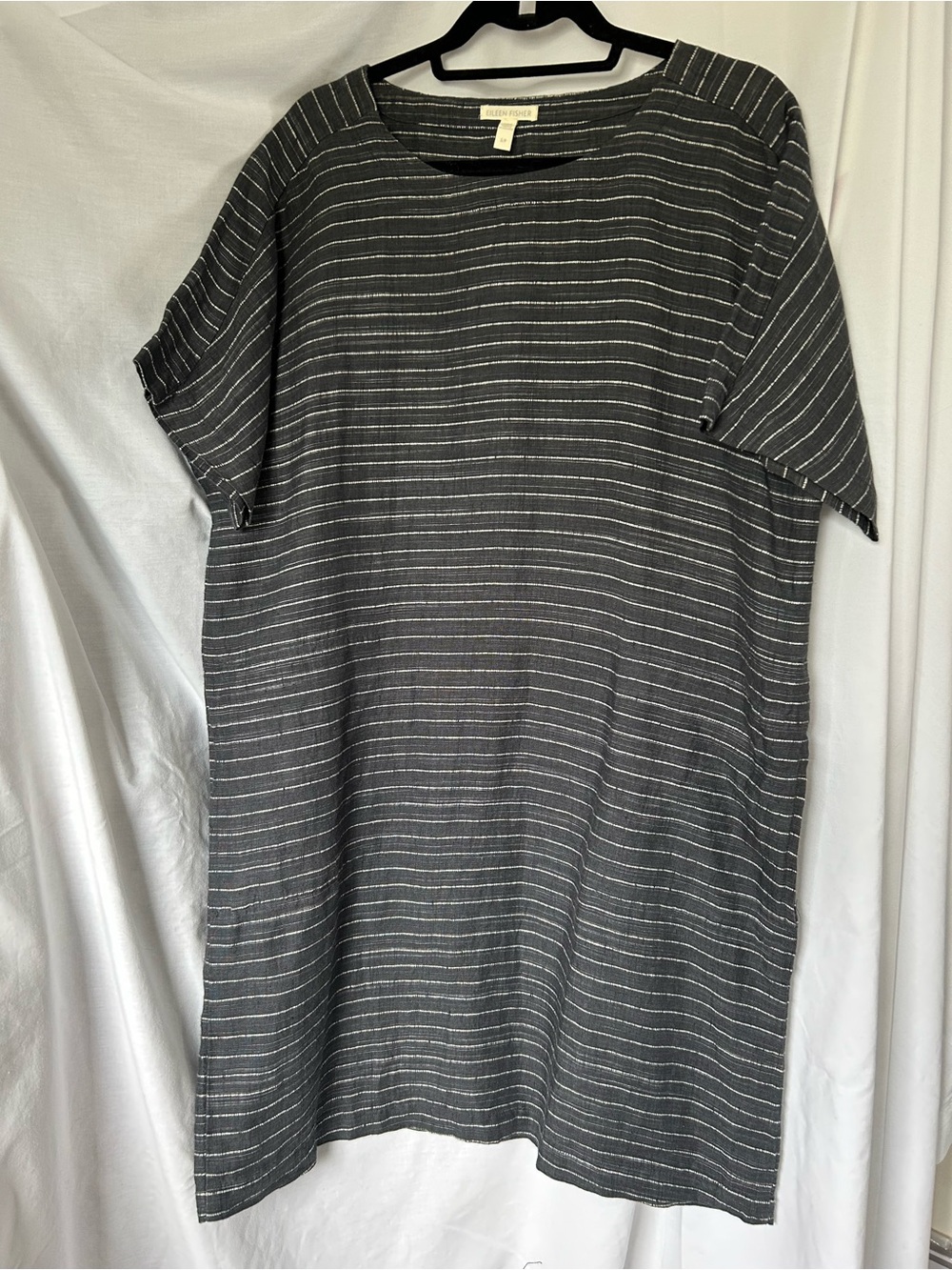Eileen Fisher Charcoal Gray Striped Oversized 100% Linen Dress, Pockets. Small